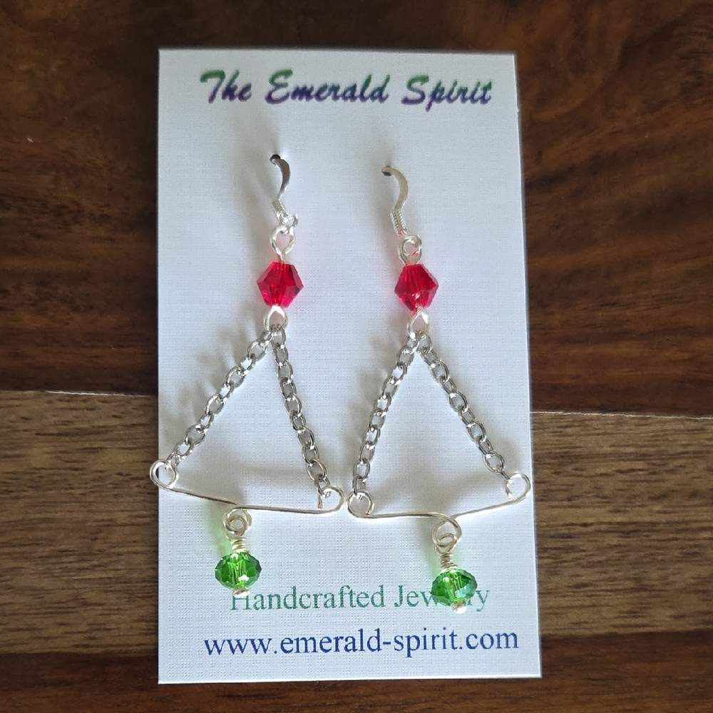Silver Christmas Tree Earrings with Red and Green Crystal Beads